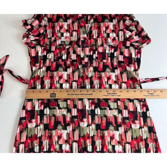 New Directions Shirt Dress Pink Red Black Green Print Tie Belt Women's Petite M - Picture 7 of 10